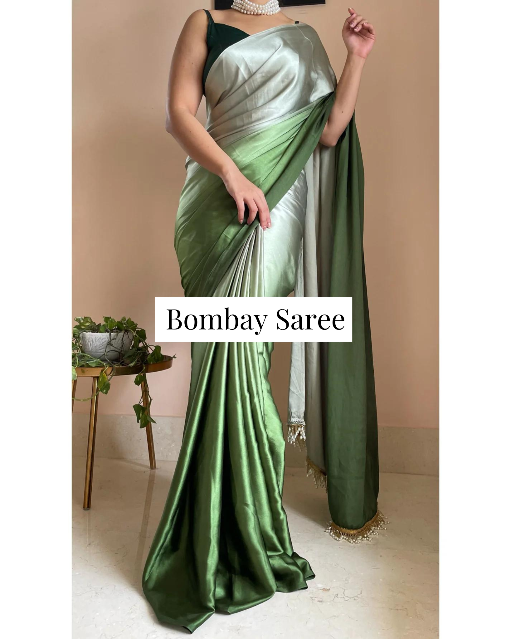Green Hedge Ombre Satin Saree with Handmade Tassels on Pallu