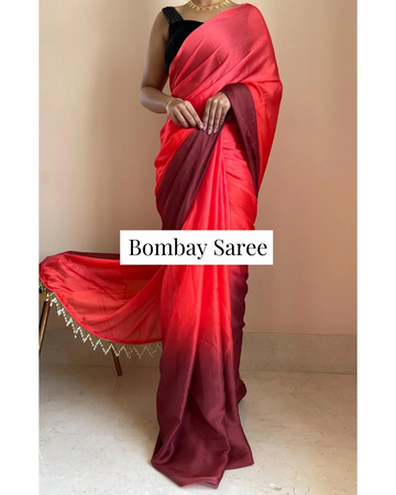 Vermillion Ombre Satin Saree with Handmade Tassels on Pallu