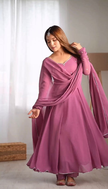 Faux Georgette With Embroidery Work Gown And Dupatta Set Fully Stitched