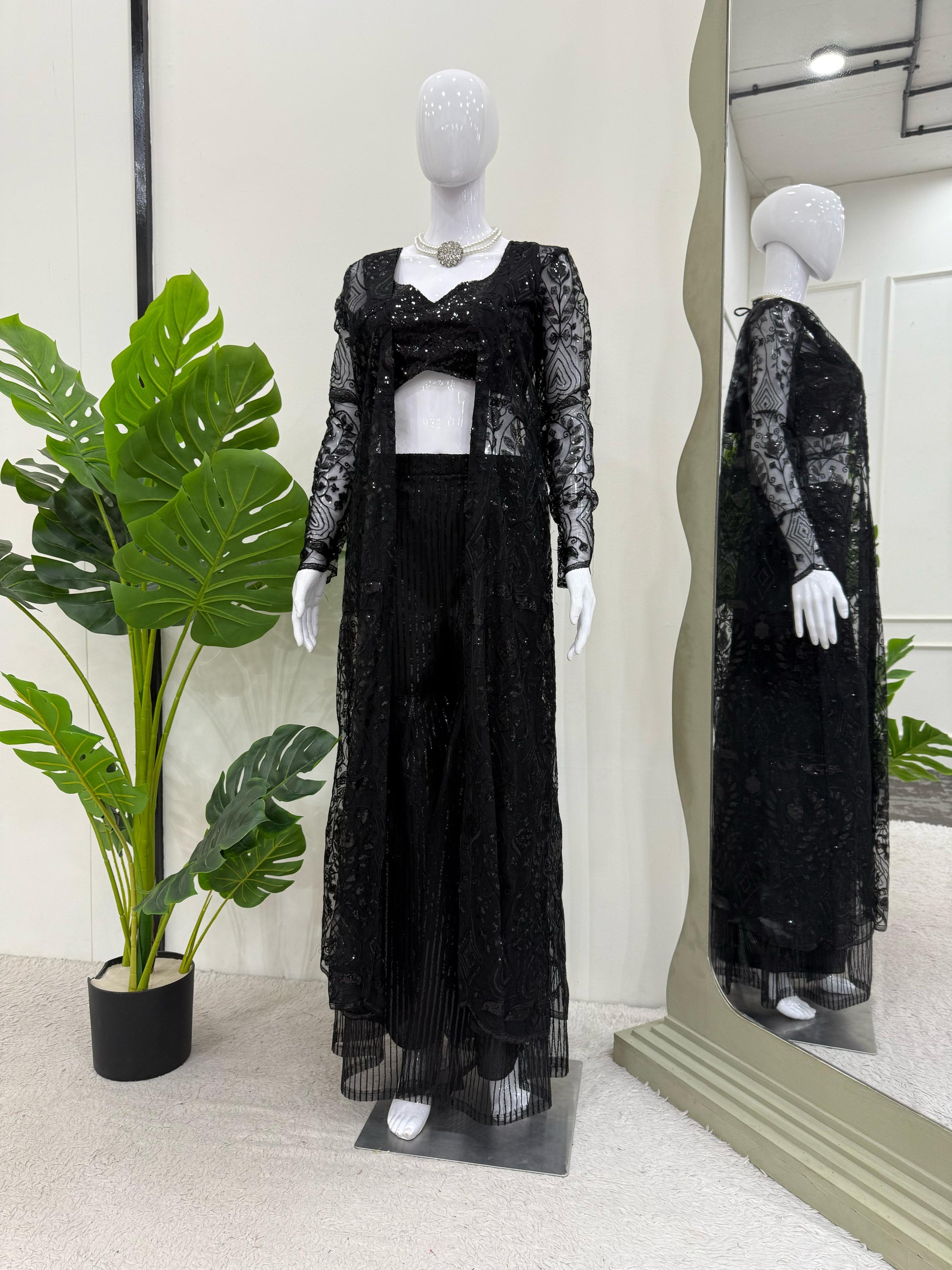 Full view of ready-to-wear butterfly net lehenga set with choli and shrug