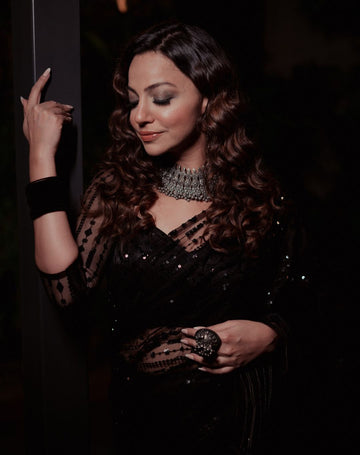 black colour party wear good looking nylon net sequence work saree