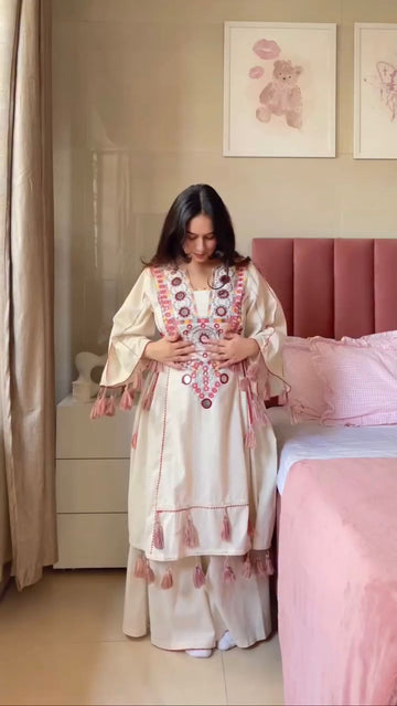 Designer Peplum & Bell Bottom Set On Reyon Febric With Thred & Real mirror work With Tassels and Lace work.