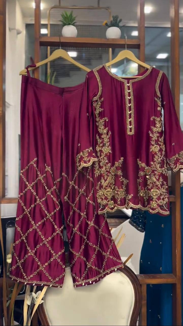 Exclusive Plazzo Set with Sequence Embroidery | Crape Silk Top & Plazzo for Women