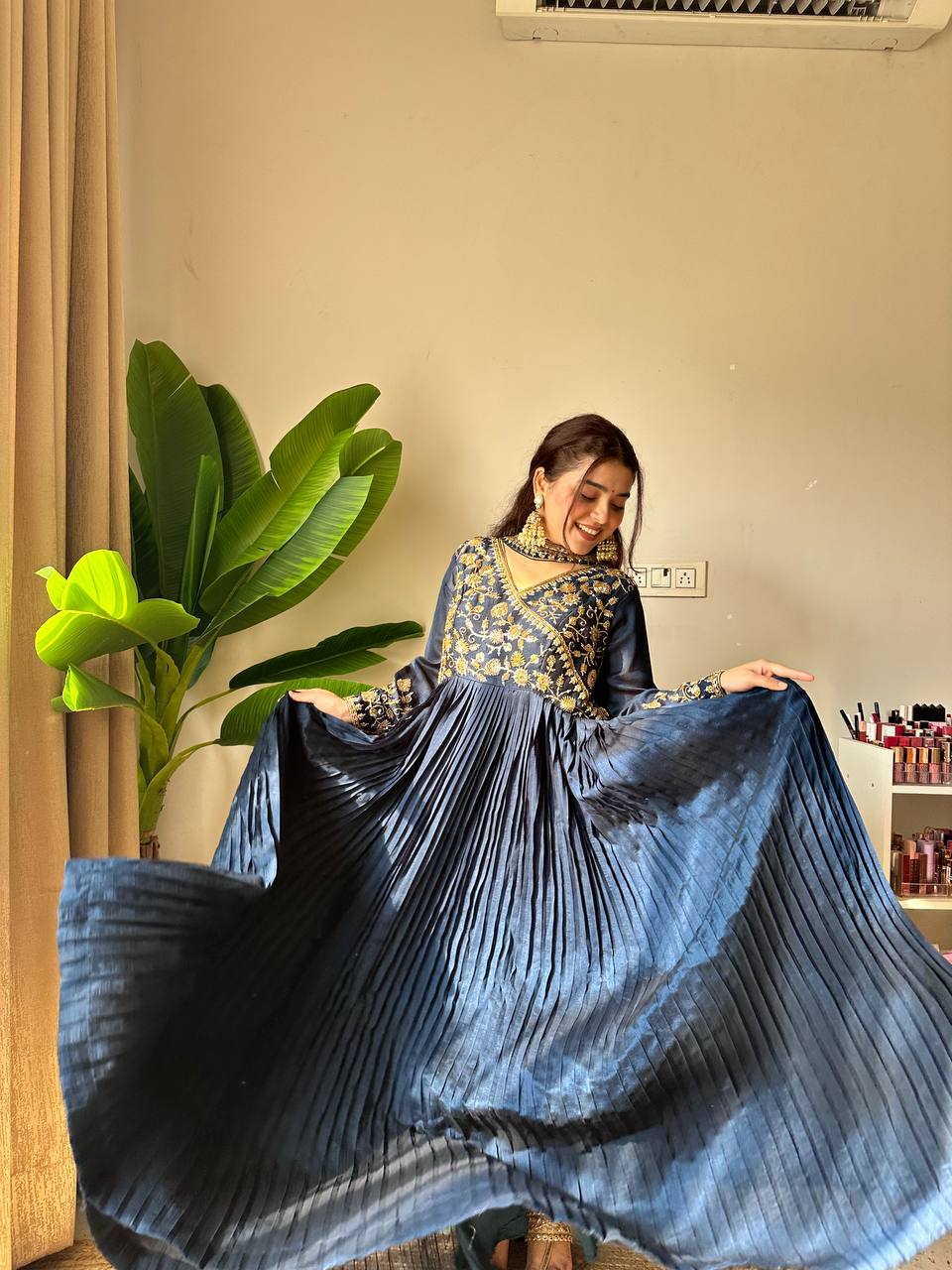 Gulnaar Blooming Vichitra Kurti Set – 2 Colors | Embroidered Elegance