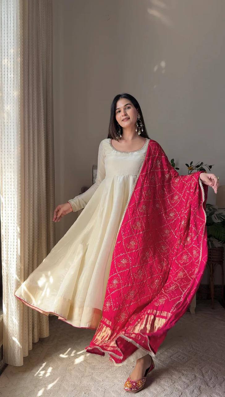 Exclusive 3 Piece Chinon Gown Set with Plazzo & Printed Dupatta – Golden Lace Detailing