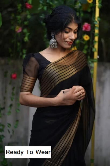 1-MIN NEW READY TO WEAR SAREE IN PREMIUM CHIFFON SILK WITH ZARI PATTA