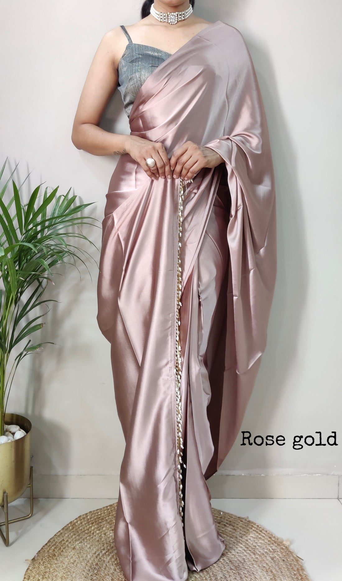 1-MIN READY TO WEAR SAREE IN ROSE GOLD PREMIUM SATIN SILK