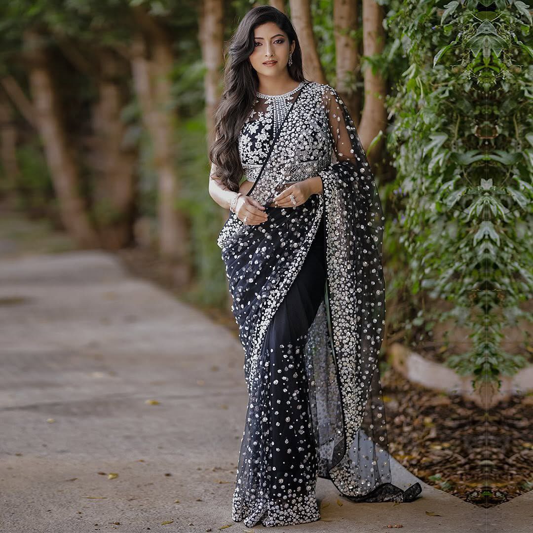 Designer Butterfly Net Saree with Sequins and Hand Pearl Embellishmen