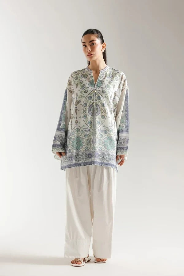 Ivory White & Sage Green Paisley Print Pure Muslin Kurti & Wide-Leg Palazzo Co-Ord Set
