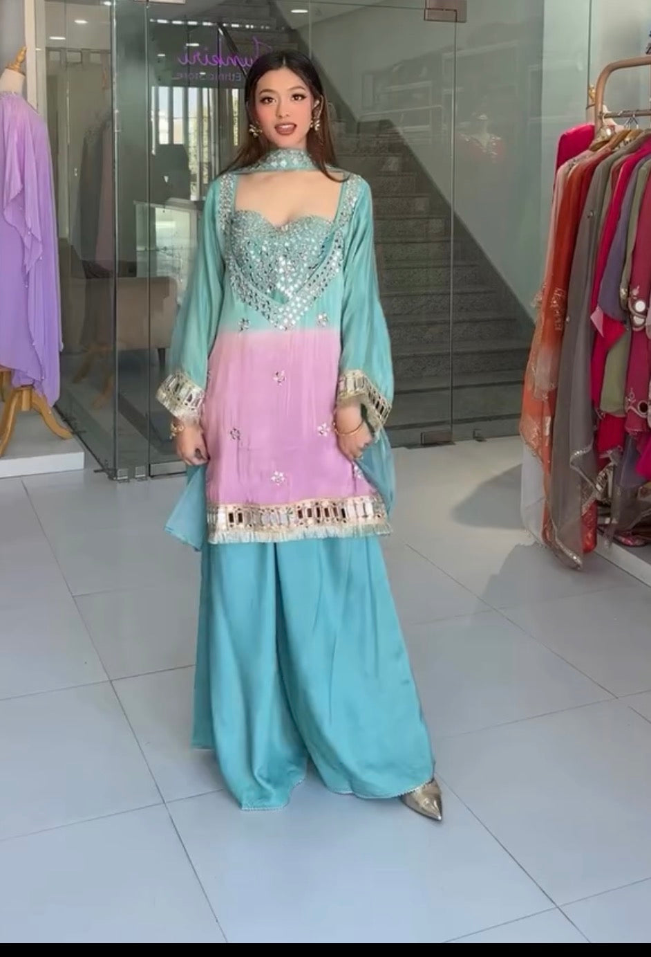 Trendy Chinon MirrorGlow Palazzo Suit for Special Occasions