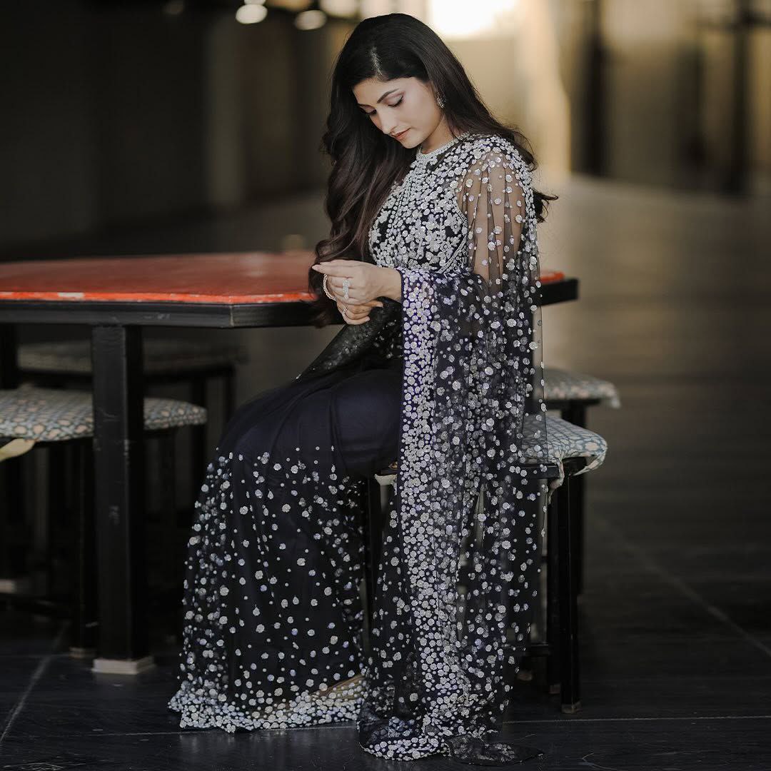 Designer Butterfly Net Saree with Sequins and Hand Pearl Embellishmen