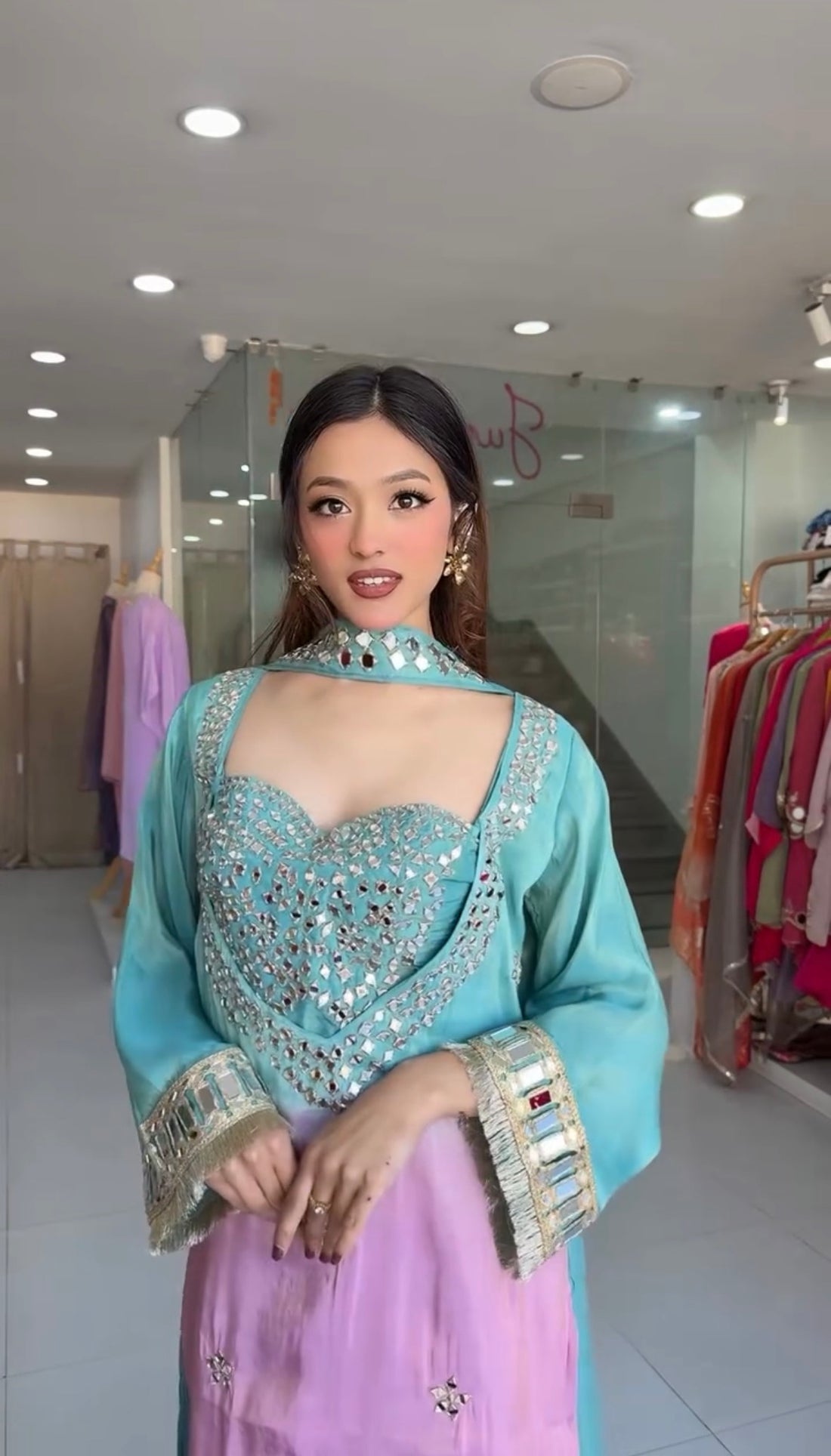 Trendy Chinon MirrorGlow Palazzo Suit for Special Occasions