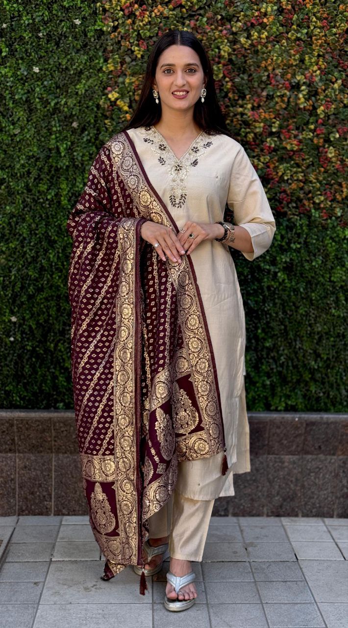 Cream colour Designers Kurti Pent Dupatta Set