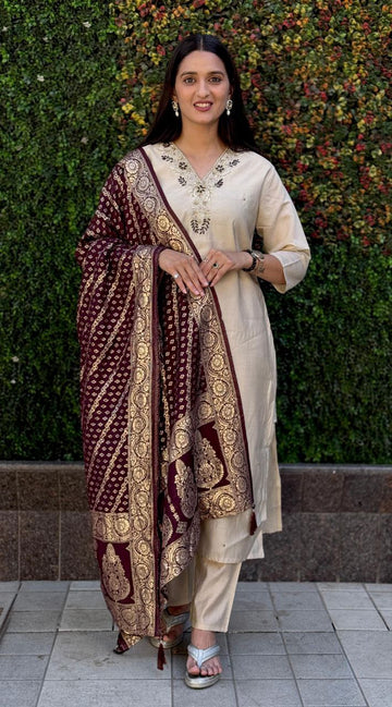 Cream colour Designers Kurti Pent Dupatta Set