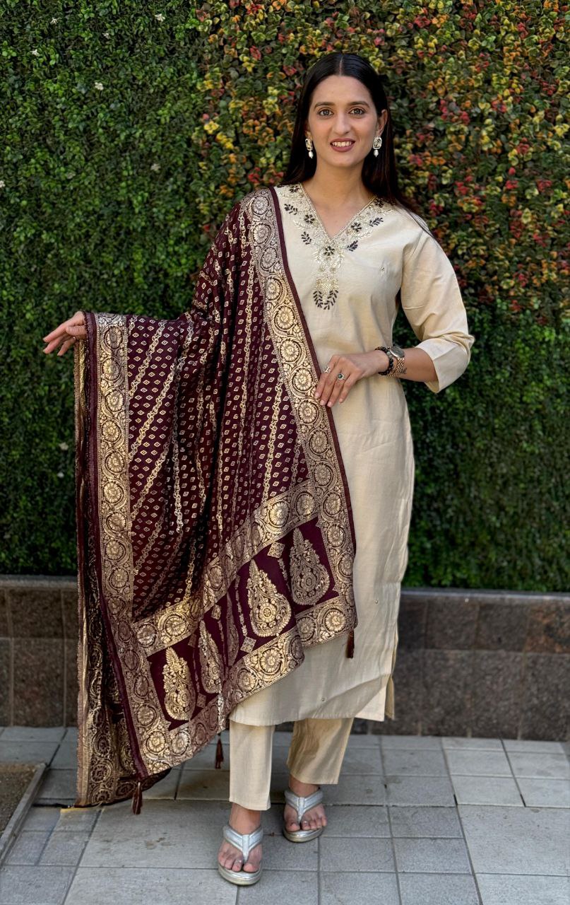 Cream colour Designers Kurti Pent Dupatta Set