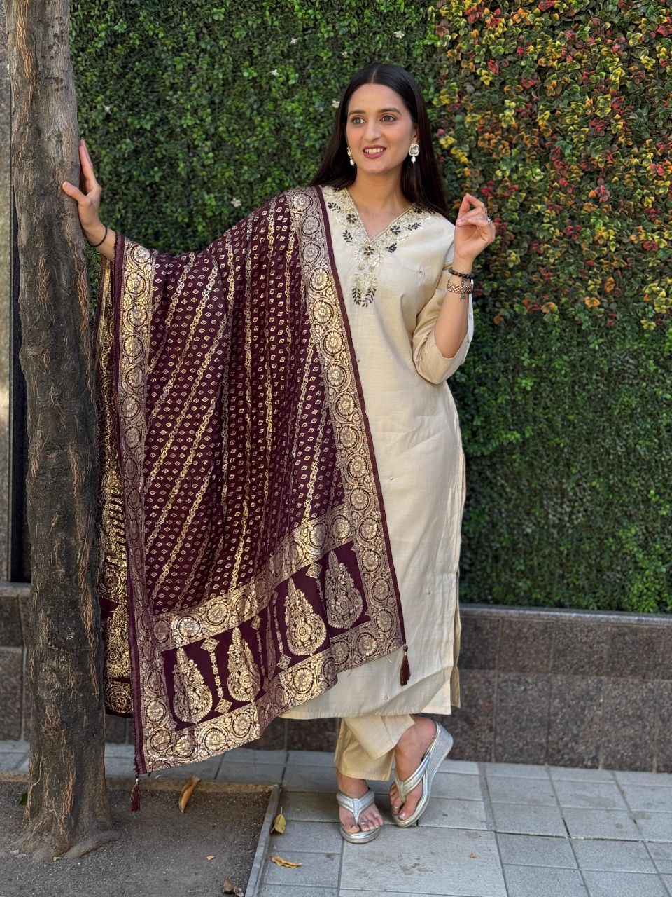 Cream colour Designers Kurti Pent Dupatta Set