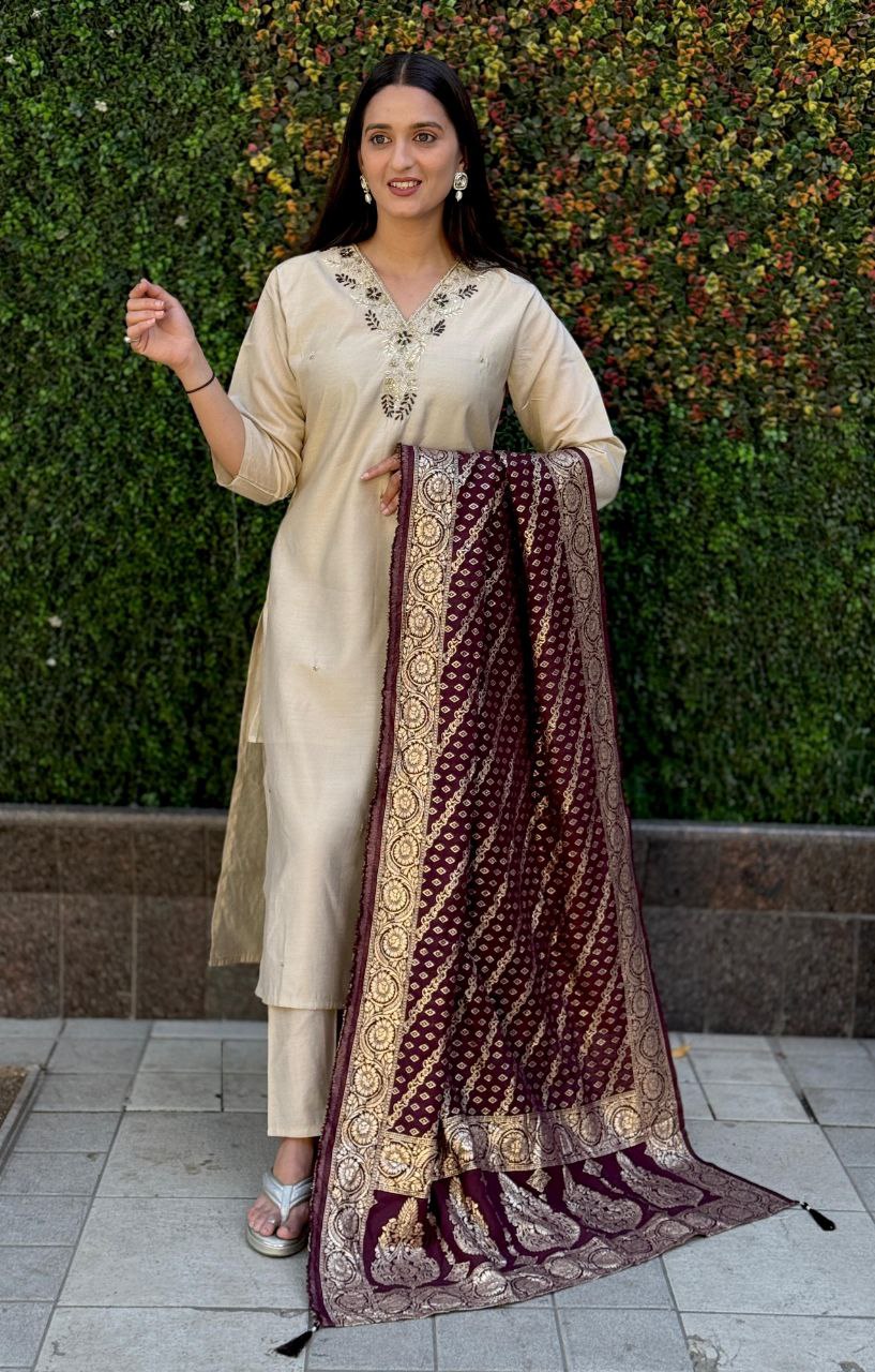 Cream colour Designers Kurti Pent Dupatta Set