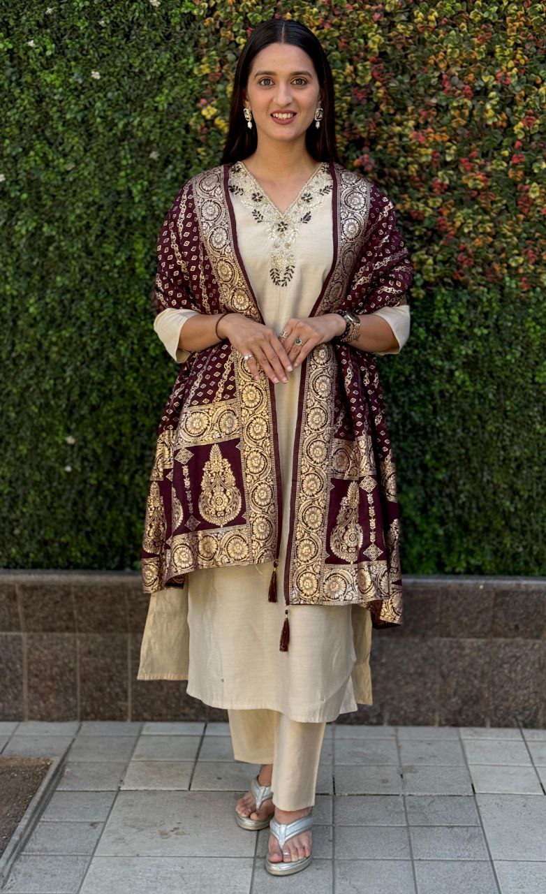 Cream colour Designers Kurti Pent Dupatta Set