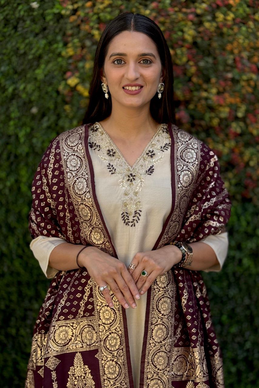 Cream colour Designers Kurti Pent Dupatta Set