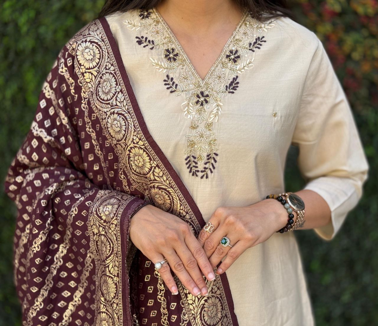 Cream colour Designers Kurti Pent Dupatta Set