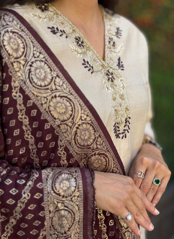 Cream colour Designers Kurti Pent Dupatta Set