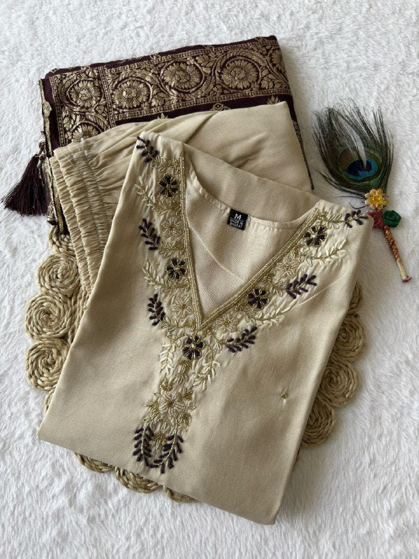 Cream colour Designers Kurti Pent Dupatta Set