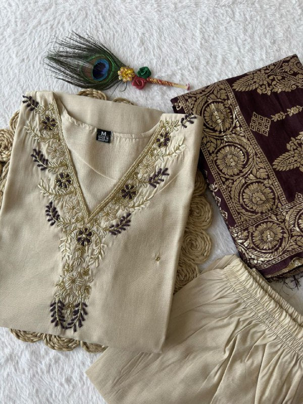 Cream colour Designers Kurti Pent Dupatta Set