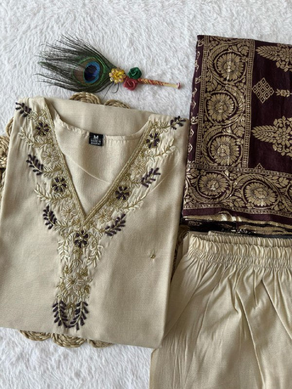 Cream colour Designers Kurti Pent Dupatta Set