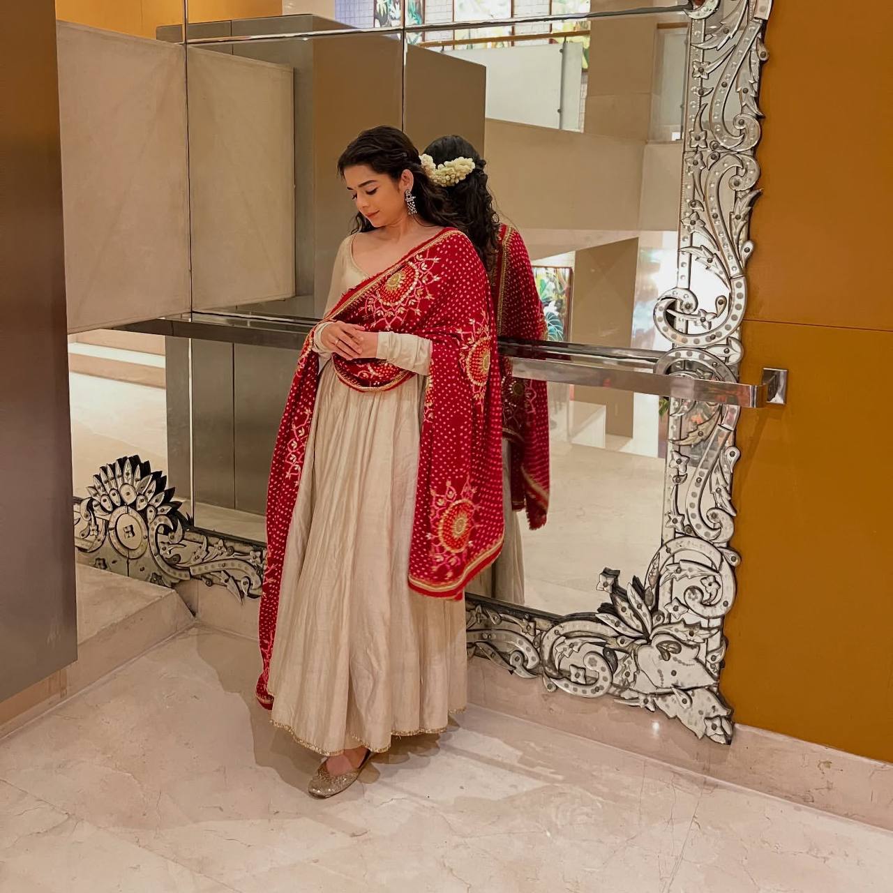 Noor Anarkali Gown Set with Traditional Red Bandhani Dupatta