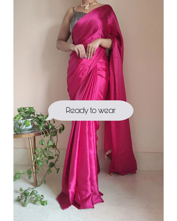 1-MIN READY TO WEAR Pink Satin Silk Saree