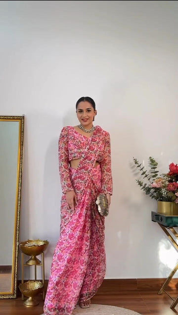 Ruffled Ready-to-Wear Georgette Party Saree