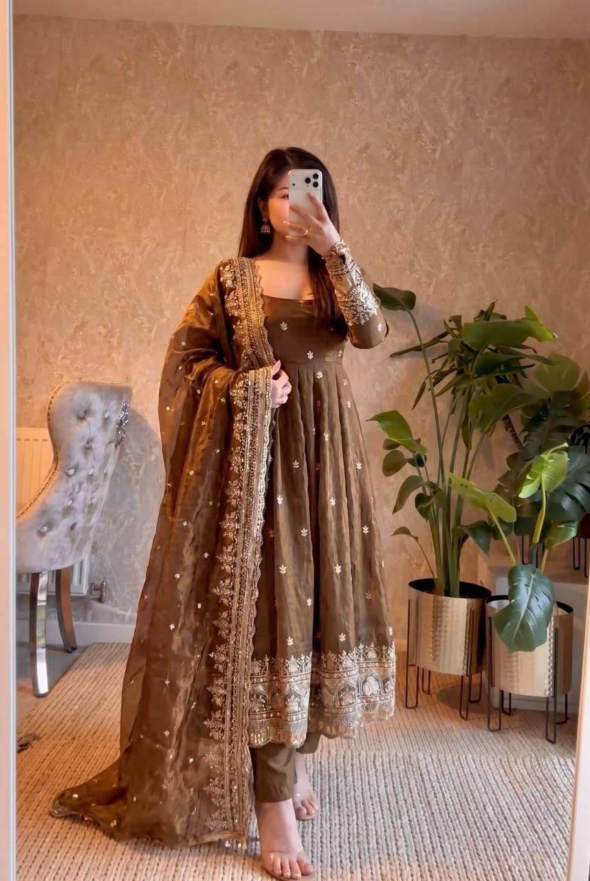 Designer Fandy Silk Sequins Gown Ensemble