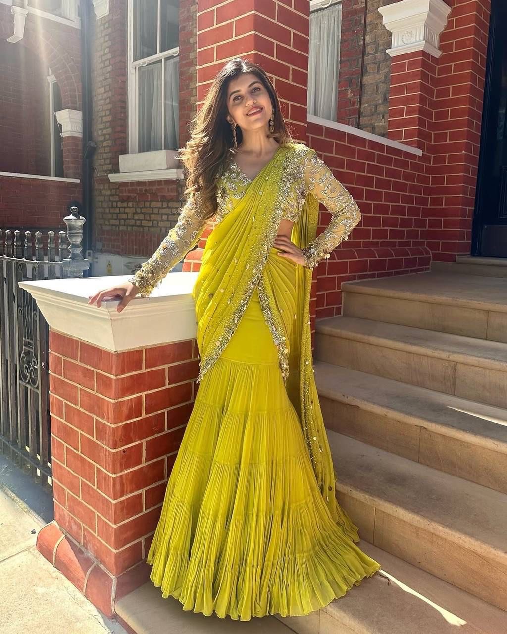 "Complete look of the Ready to Wear Lehenga Saree with intricate thread and sequence detailing on the choli."