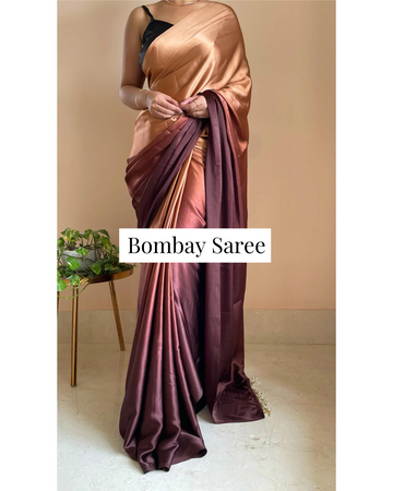 Coffee Eclair Ombre Satin Saree with Handmade Tassels on Pallu