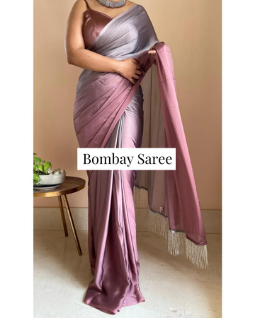 Grey-Rose Gold Ombre Satin Saree with Handmade Tassels on Pallu
