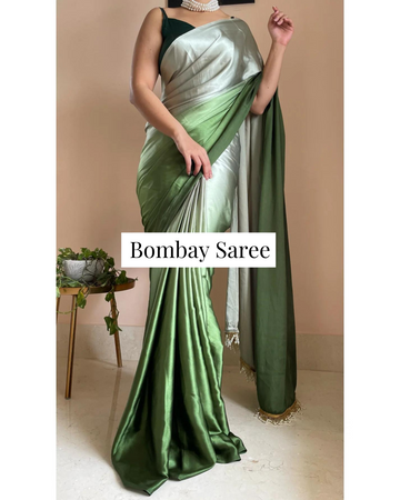 Green Hedge Ombre Satin Saree with Handmade Tassels on Pallu