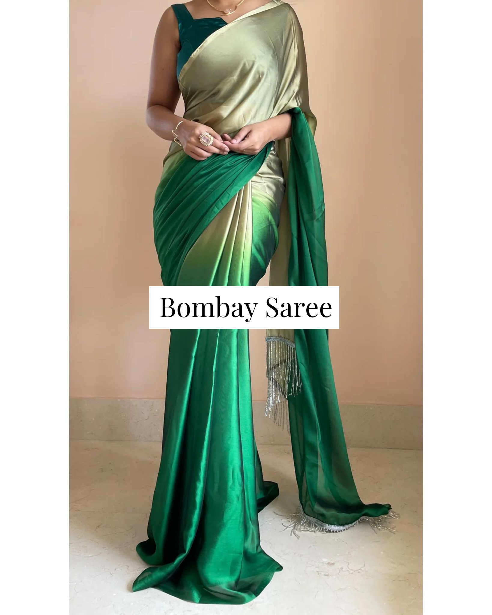 Green Mimosa Ombre Satin Saree with Handmade Tassels on Pallu