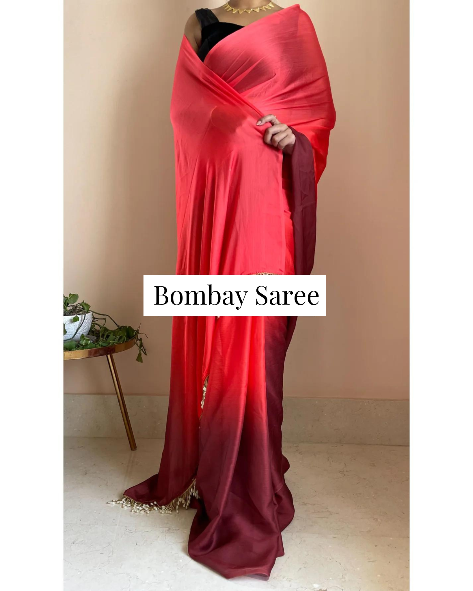 Vermillion Ombre Satin Saree with Handmade Tassels on Pallu