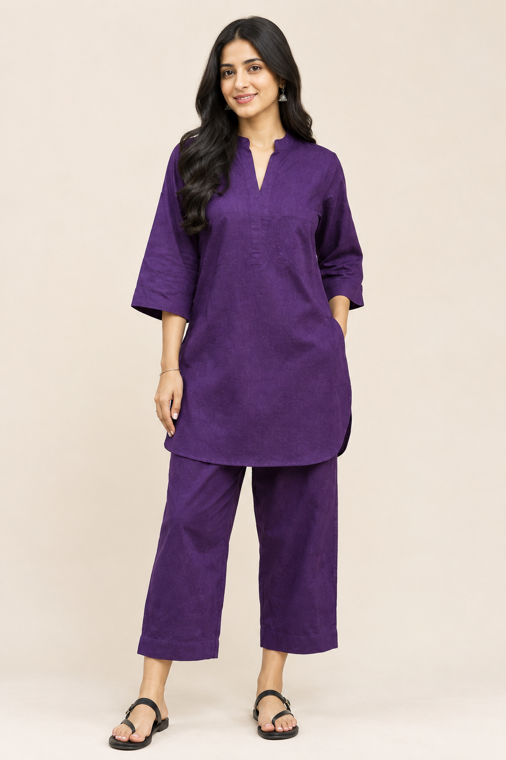 Women's Purple Cotton Co-ord Set | Short Kurta & Pant Tunic Set