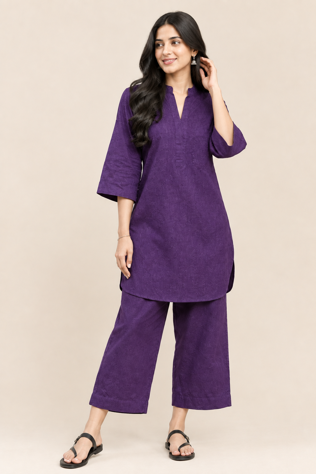 Women's Purple Cotton Co-ord Set | Short Kurta & Pant Tunic Set