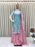 Full view of a stunning Jimmy Choo fabric ensemble featuring a top with intricate embroidery, a flowing circular palazzo, and a beautifully detailed dupatta, ideal for elegant occasions.