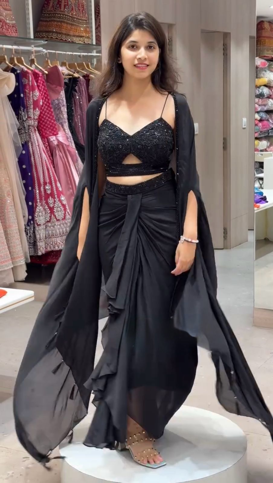 Full view of dhoti style outfit with embroidered shrug