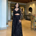 Full view of ready-to-wear butterfly net lehenga set with choli and shrug