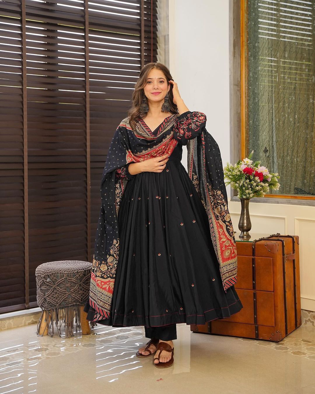 Elegant Cotton Anarkali Gown with Sequence Embroidery & Chanderi Dupatta