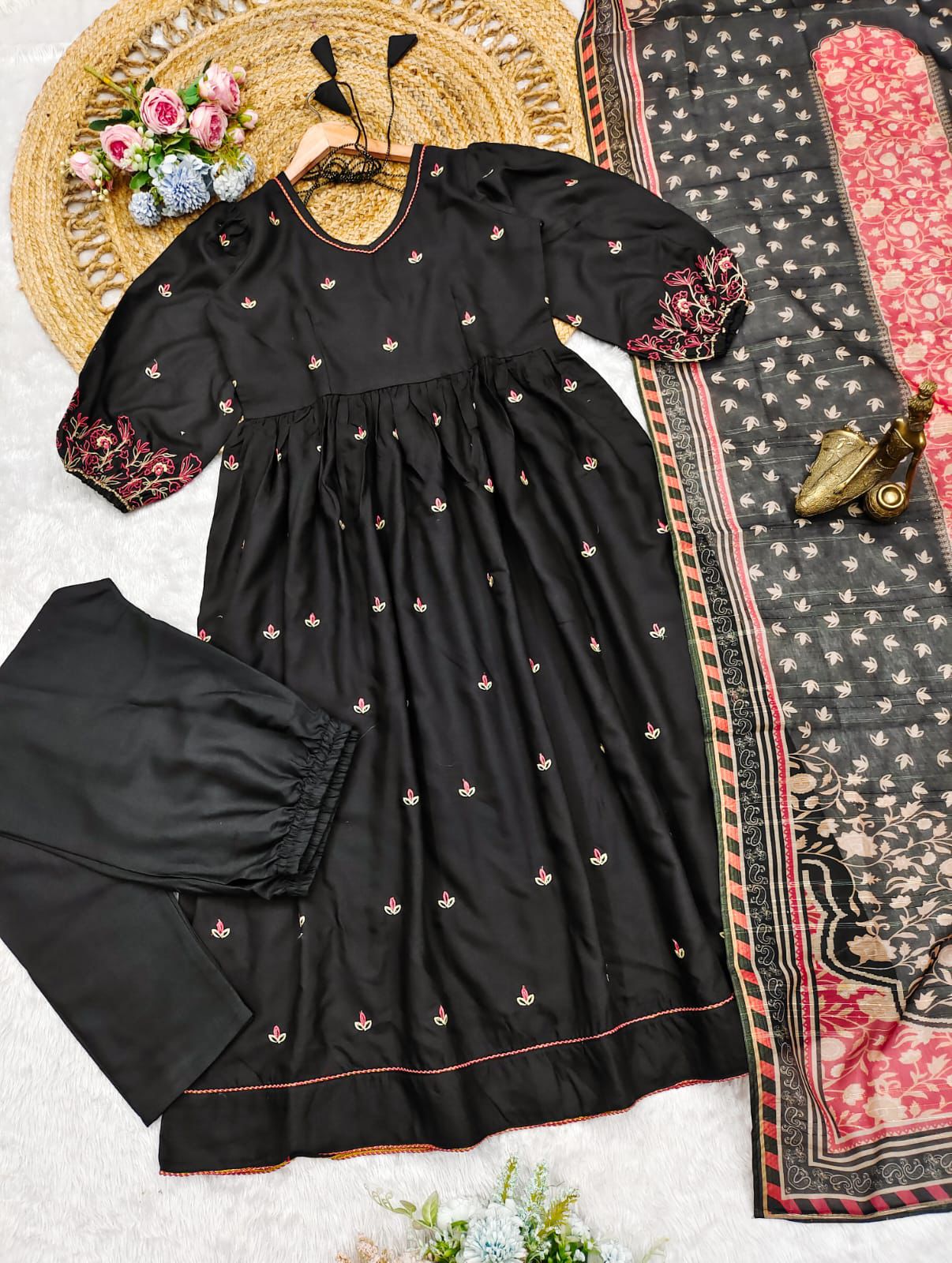 Elegant Cotton Anarkali Gown with Sequence Embroidery & Chanderi Dupatta