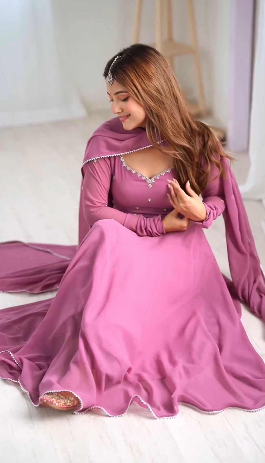 Faux Georgette With Embroidery Work Gown And Dupatta Set Fully Stitched