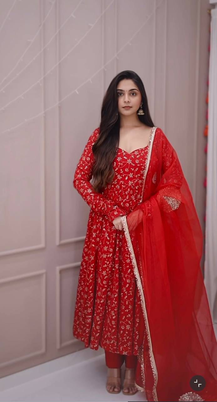 Heavy Blooming Georgette Embroidery Sequence Work Anarkali Gown Set with Pant and Dupatta
