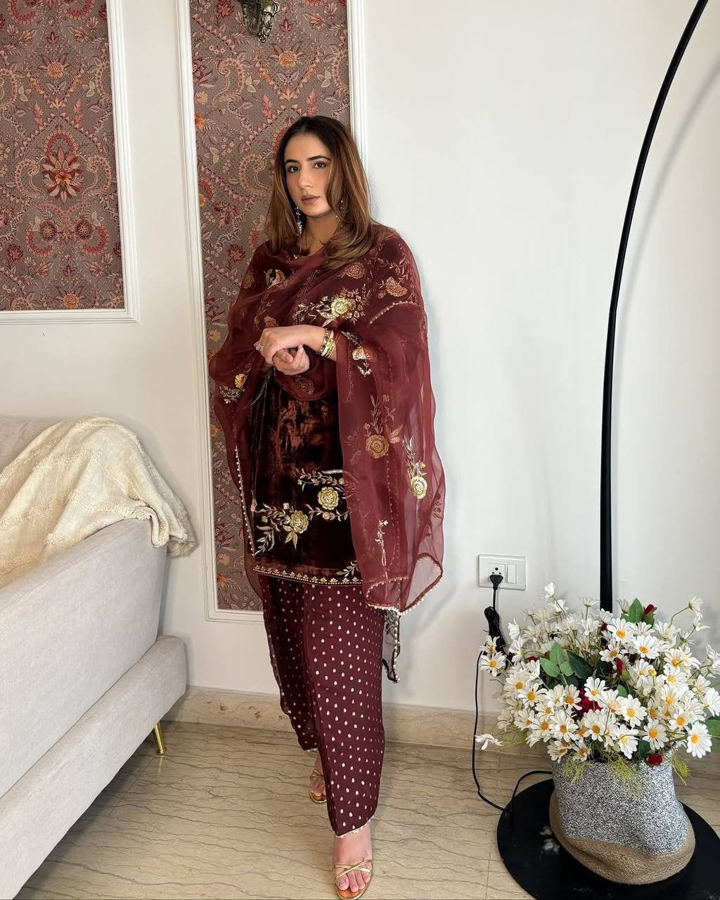 Heavy Velvet Embroidery Sequence Work Top with Farshi Salwar and Dupatta Set