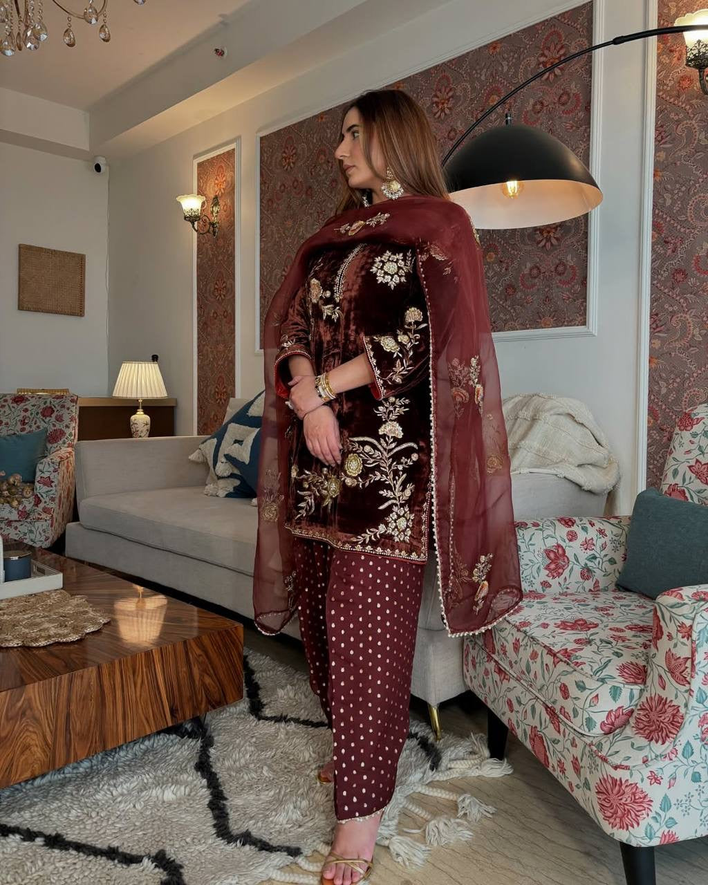 Heavy Velvet Embroidery Sequence Work Top with Farshi Salwar and Dupatta Set