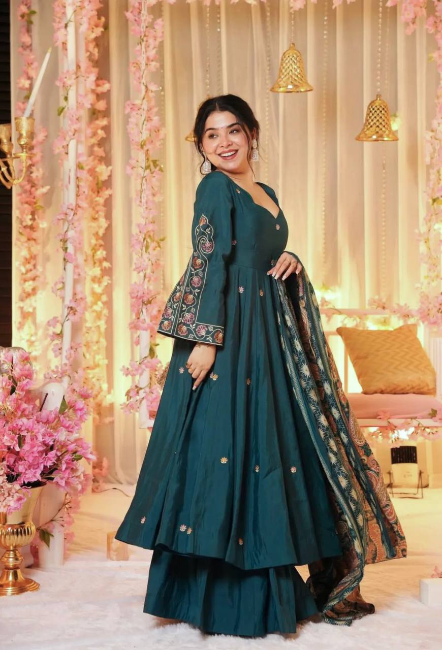 Pure Chinnon Embroidered Gown & Dupatta Set